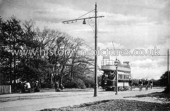 Electric Tram in the Forest, new Road, South Woodford, London. c.1908.